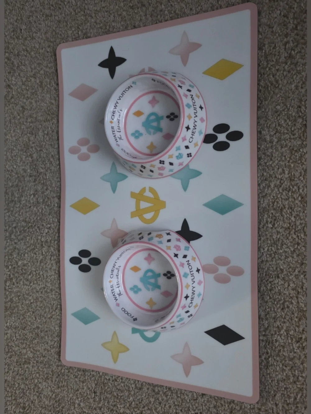 Pink & White Ceramic Dog Bowl Set